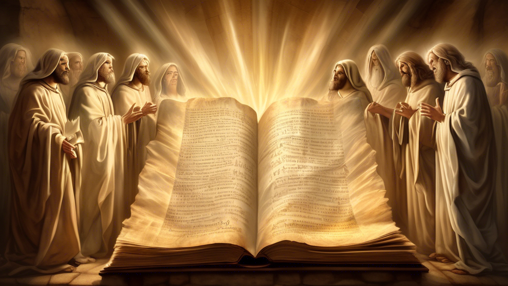 An ancient parchment unfurling to reveal the Apostles' Creed text, surrounded by ethereal light and the twelve apostles in reverent poses.