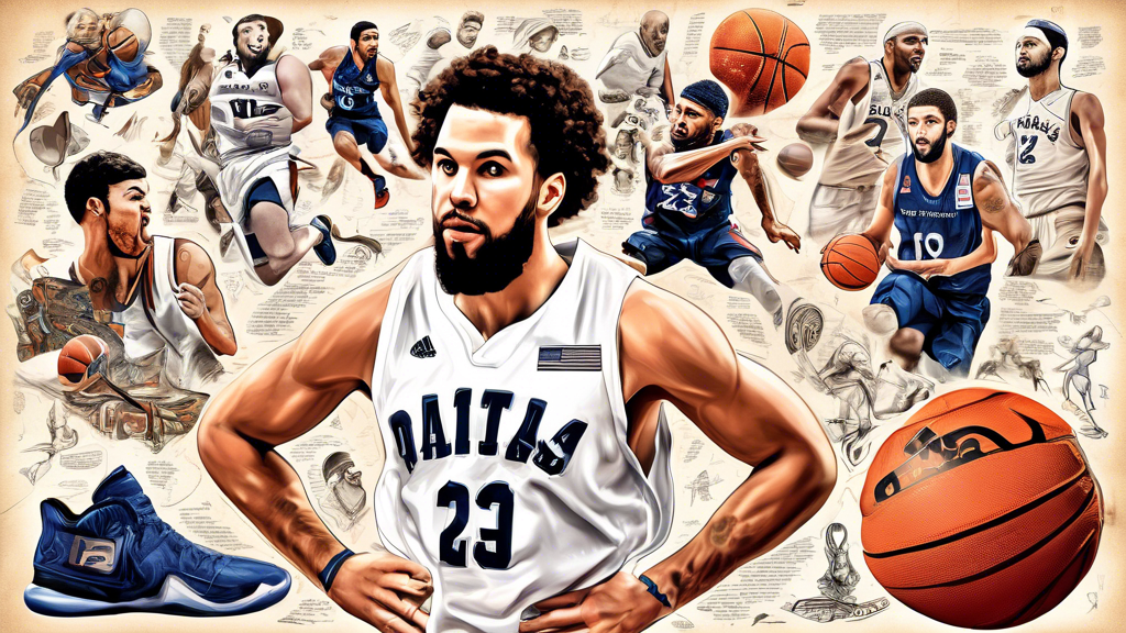 An artistic collage showcasing key moments from Caleb Martin's basketball career, interspersed with illustrations of 25 unique symbols or items that represent fascinating facts about his life and achievements.