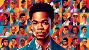 Digital portrait of Michael Rainey Jr. surrounded by 25 illustrated icons each representing a unique fact about his life and career, set against a bright, colorful background.