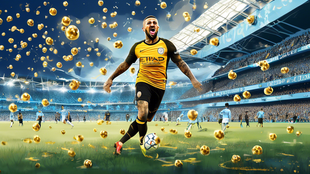 Digital painting of Kyle Walker surrounded by 34 floating golden facts against a background representing Manchester City's Etihad Stadium.