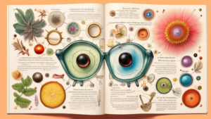 A whimsical encyclopedia page featuring detailed illustrations of different types of milia surrounded by colorful magnifying glasses highlighting key facts, all set against a background of healthy skin textures.