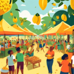 A vibrant illustration celebrating Jackfruit Day, featuring people around the world joyfully participating in a jackfruit festival with stalls, games, and cooking demonstrations set in a sunny outdoor park, all surrounded by bountiful jackfruit trees and fruits in various stages of preparation.