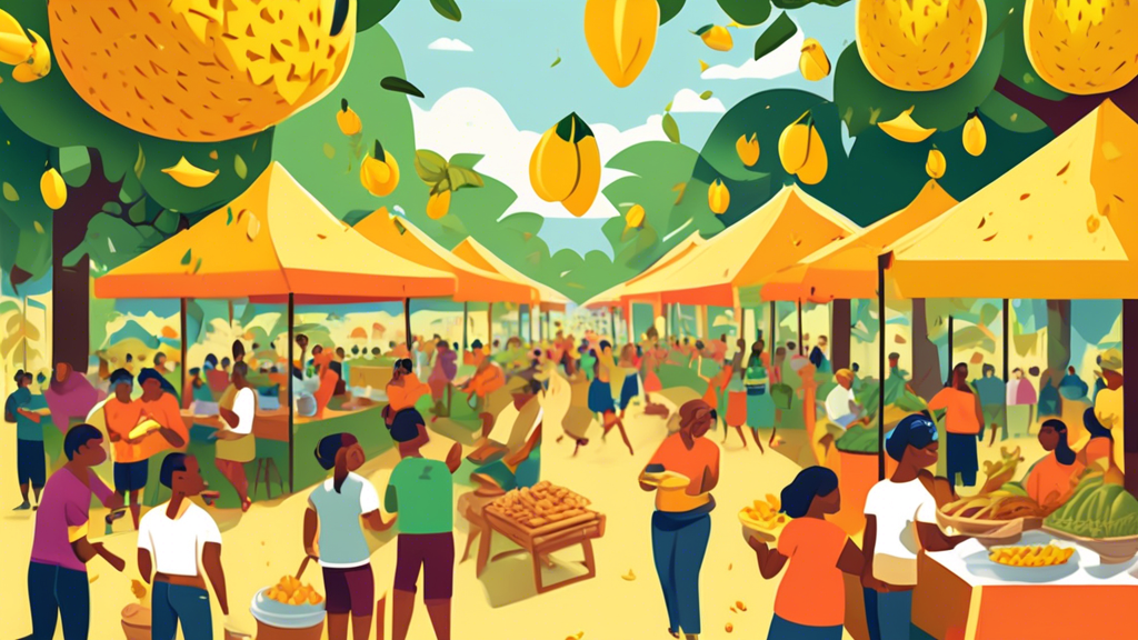 A vibrant illustration celebrating Jackfruit Day, featuring people around the world joyfully participating in a jackfruit festival with stalls, games, and cooking demonstrations set in a sunny outdoor park, all surrounded by bountiful jackfruit trees and fruits in various stages of preparation.