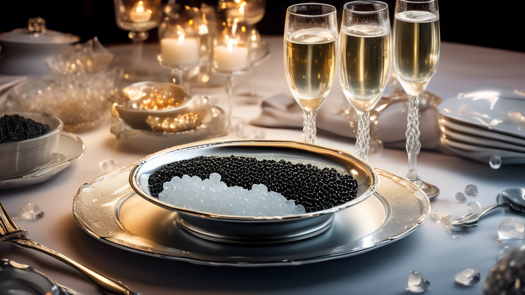 An elegant dining table setting under soft lighting, featuring a crystal bowl filled with glistening caviar surrounded by ice, with silver spoons, champagne glasses filled with bubbly champagne, and fresh blini stacked on fine china, in celebration of National Caviar Day.