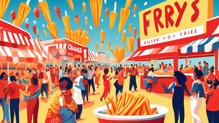 A vibrant, colorful illustration of people from different backgrounds and cultures joyfully celebrating National French Fry Day at a festively decorated outdoor fair, with various stalls showcasing a world of French fry varieties, from classic to gourmet, under a sky filled with fireworks shaped like French fries.