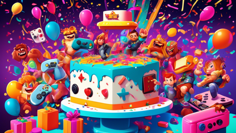 a vibrant celebration scene inside a gaming arcade, with characters from various video games coming together to cut a cake shaped like a game controller, amidst colorful decorations and digital confetti