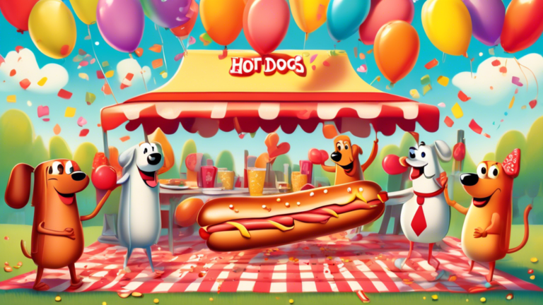 An illustration of a whimsical cartoon family of hot dogs holding hands and celebrating National Hot Dog Day at a festive picnic setting, with balloons and confetti in the background, in vibrant colors.