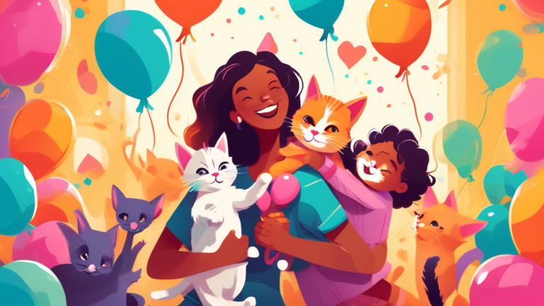 A vibrant illustration of a family celebrating National Kitten Day by adopting a new kitten at a colorful local animal shelter, with joyful smiles, balloons, and lots of playful kittens around