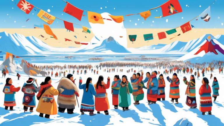 A vibrant celebration on the snowy landscape of Nunavut, with indigenous people gathered wearing traditional clothing, colorful banners waving under the clear blue sky, and Inuit symbols of community and unity prominently displayed.