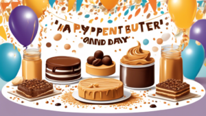 A celebratory tableau featuring an array of peanut butter and chocolate desserts on a festively decorated table, with a banner proclaiming 'Happy Peanut Butter and Chocolate Day' in the background, amidst a flurry of confetti.