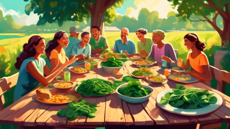 A vibrant digital painting of a family gathering around a rustic dining table outdoors, celebrating Fresh Spinach Day with a variety of colorful spinach dishes, under a sunny sky.