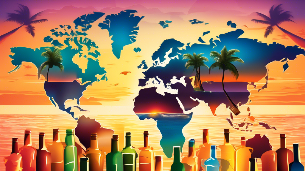 A captivating illustration of a world map made out of various colorful rum bottles, with a background of sunset at a tropical beach.