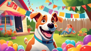 An animated image of a cheerful dog throwing a welcome party for its owner with a banner reading 'Happy National Get Out of the Dog House Day' in a colorful backyard setting.