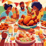 A colorful, celebratory illustration of people from diverse backgrounds gathered around a large, festive table outdoors, joyfully sharing a variety of mouth-watering fried chicken dishes, with decorations and symbols of National Fried Chicken Day adorning the scene, set on a sunny summer day.