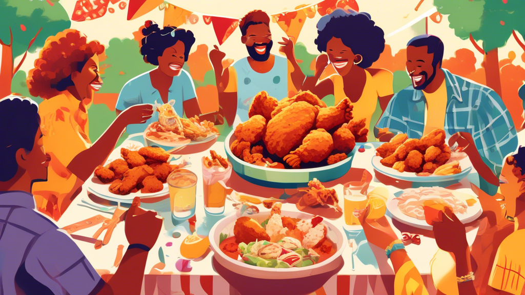 A colorful, celebratory illustration of people from diverse backgrounds gathered around a large, festive table outdoors, joyfully sharing a variety of mouth-watering fried chicken dishes, with decorations and symbols of National Fried Chicken Day adorning the scene, set on a sunny summer day.