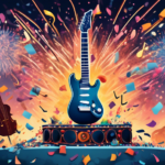 An electric guitar on a throne surrounded by diverse musical instruments, with confetti and musical notes in the air against a backdrop of a cheering crowd, under a sky filled with fireworks — all celebrating the National Day of Rock 'n Roll.