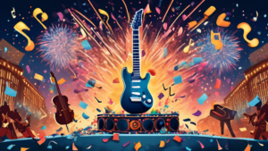 An electric guitar on a throne surrounded by diverse musical instruments, with confetti and musical notes in the air against a backdrop of a cheering crowd, under a sky filled with fireworks — all celebrating the National Day of Rock 'n Roll.