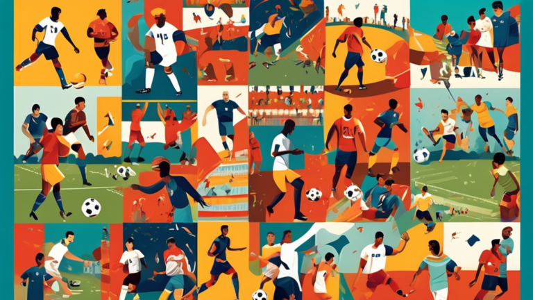 A vibrant collage celebrating National Football Day, featuring diverse groups of people playing football in various settings, from local parks to grand stadiums, intermingled with iconic moments in football history and festive decorations.