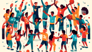 Colorful illustration of a diverse group of people wearing sports uniforms, high-fiving each other in a circle, with sports equipment scattered around, symbolizing unity and teamwork, all under a banner that reads 'National Be a Good Teammate Day'.