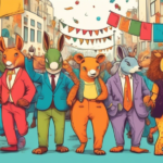 A whimsical cartoon scene of animals and humans wearing mismatched trousers in vibrant colors, participating in a parade through a bustling city street, with banners and decorations celebrating National Wrong Trousers Day.