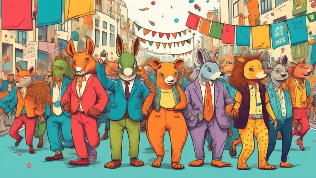 A whimsical cartoon scene of animals and humans wearing mismatched trousers in vibrant colors, participating in a parade through a bustling city street, with banners and decorations celebrating National Wrong Trousers Day.