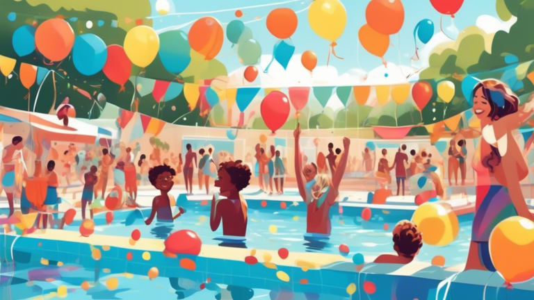 An enchanting, festive celebration at a community swimming pool decorated with colorful balloons and banners, with people of all ages smiling and enjoying various pool games and activities under a bright summer sky, commemorating National Swimming Pool Day.