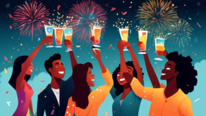 A vibrant and diverse group of young adults celebrating their 21st birthdays together, toasting with legal drinks at midnight under a sky lit with fireworks, symbolizing their first legal sip, with a calendar in the background marking 'Legal Drinking Age Day'.