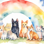 A serene watercolor painting of various pets sitting together on a cloud under a rainbow bridge, symbolizing Pet Remembrance Day.