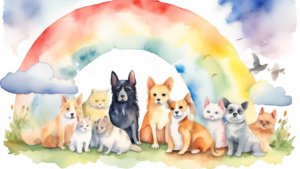 A serene watercolor painting of various pets sitting together on a cloud under a rainbow bridge, symbolizing Pet Remembrance Day.