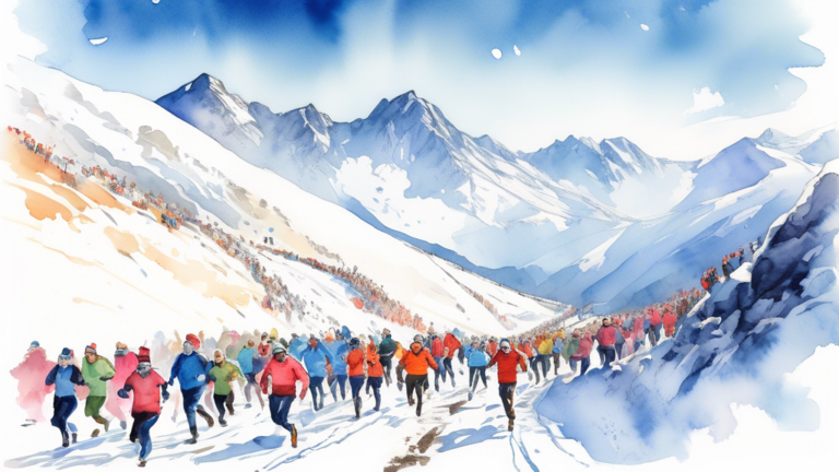 Participants racing up the snowy paths of Mount Snowdon under a clear blue sky, with a crowd cheering them on, all depicted in a vibrant, watercolor style.