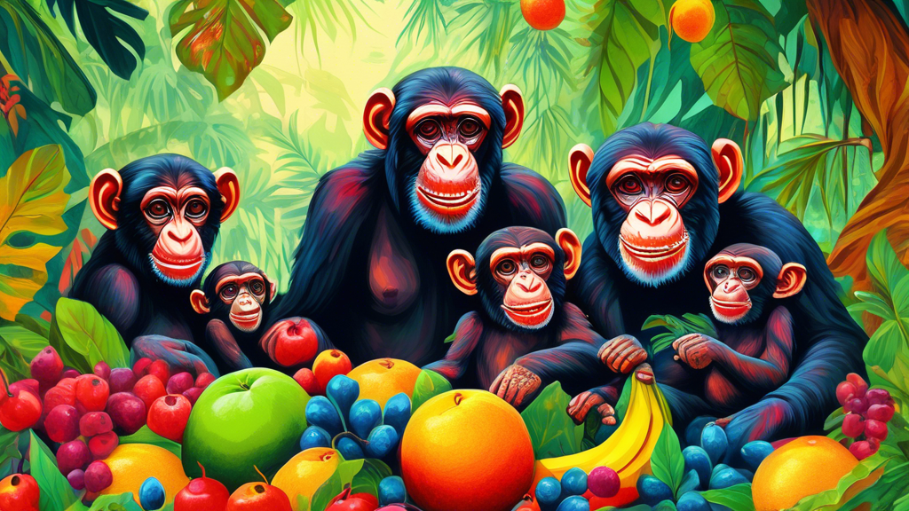 A vibrant painting of a family of chimpanzees gathered in a lush jungle, celebrating with colorful fruits and a banner proclaiming 'World Chimpanzee Day' in the background.